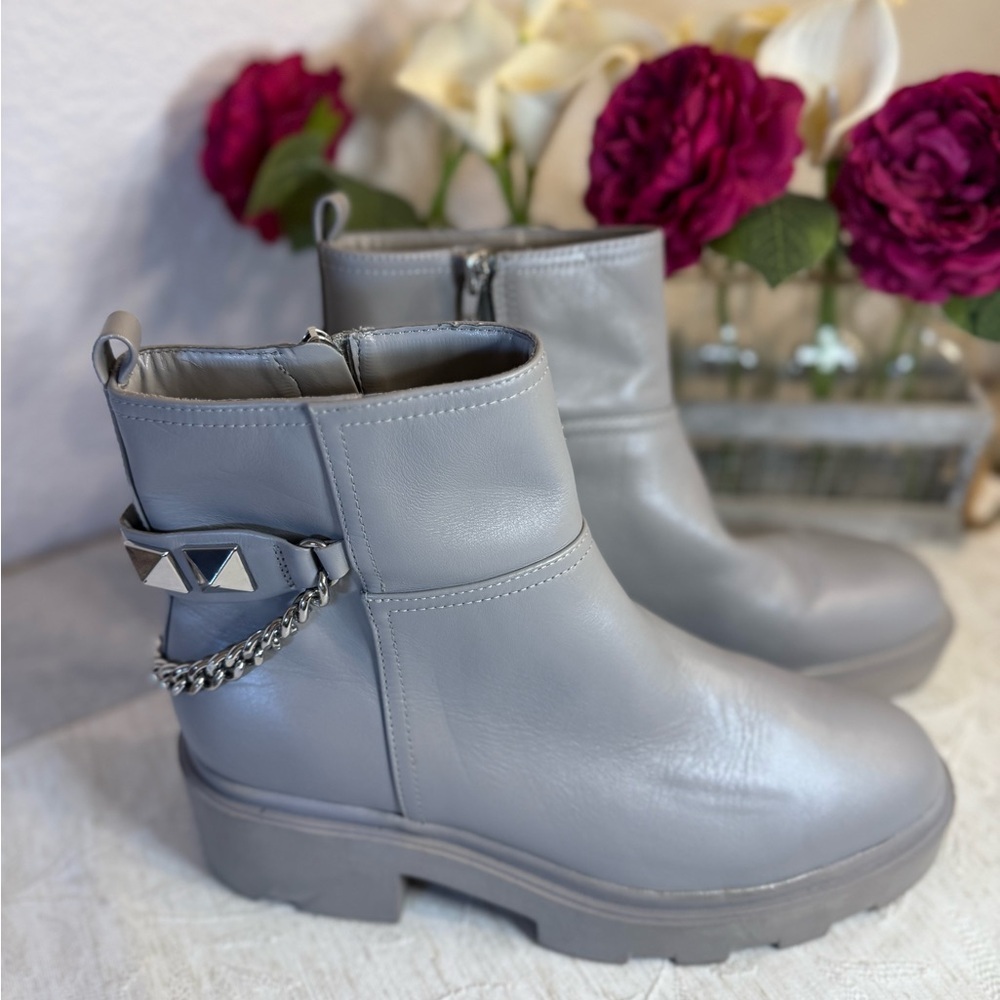 MARC FISHER Waty Lug Sole Leather Bootie in Grey - Size 10. Studs and chain.